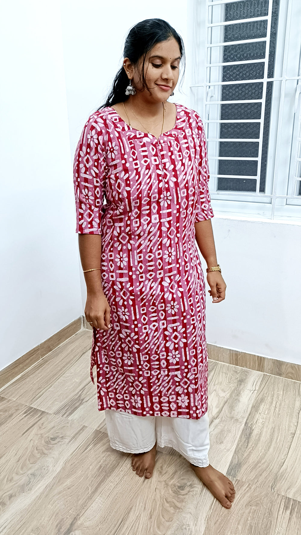 Batik print Red kantha Cotton Kurthi