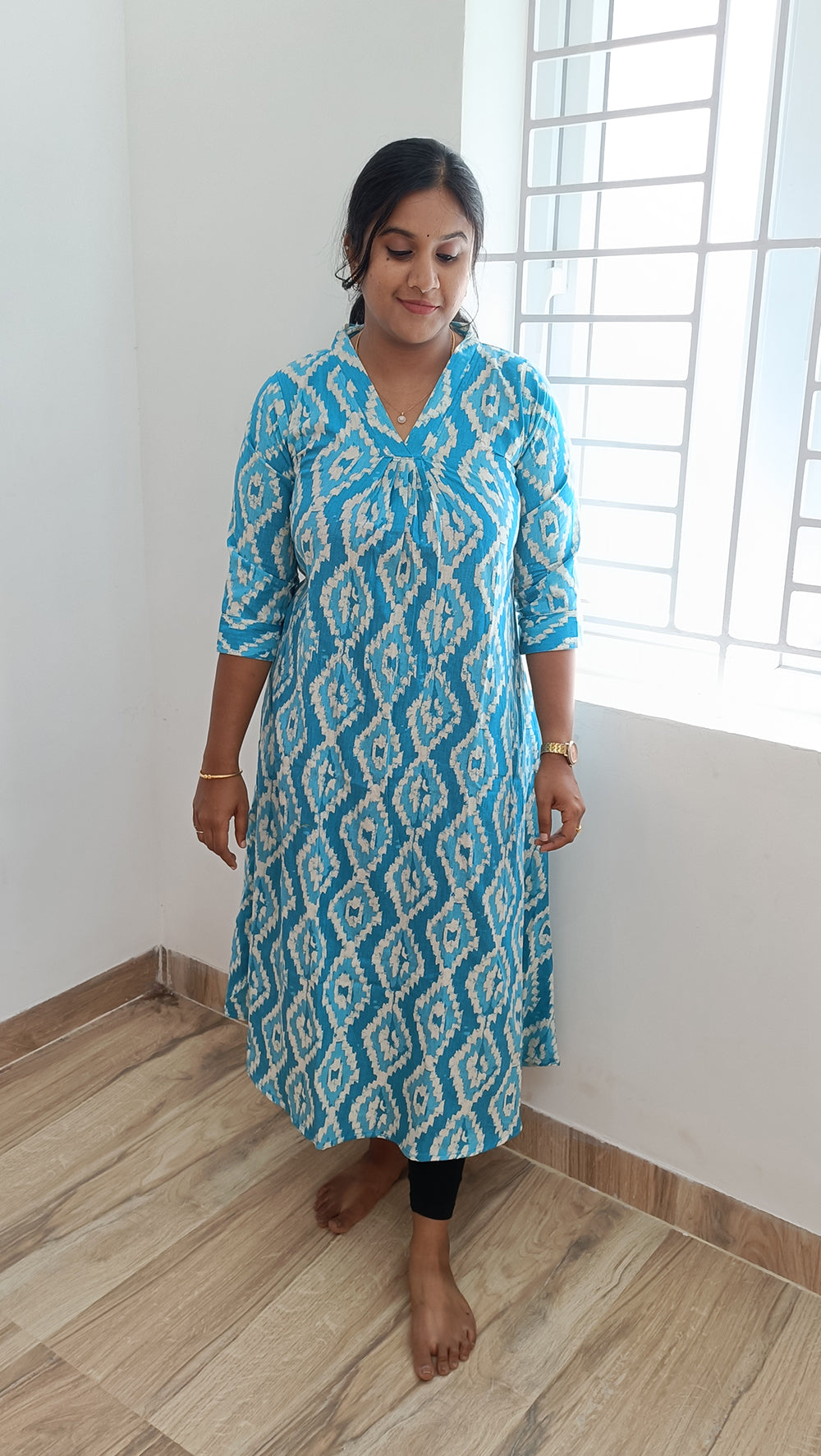 Flex Cotton Pleated Aline Kurti-Blue