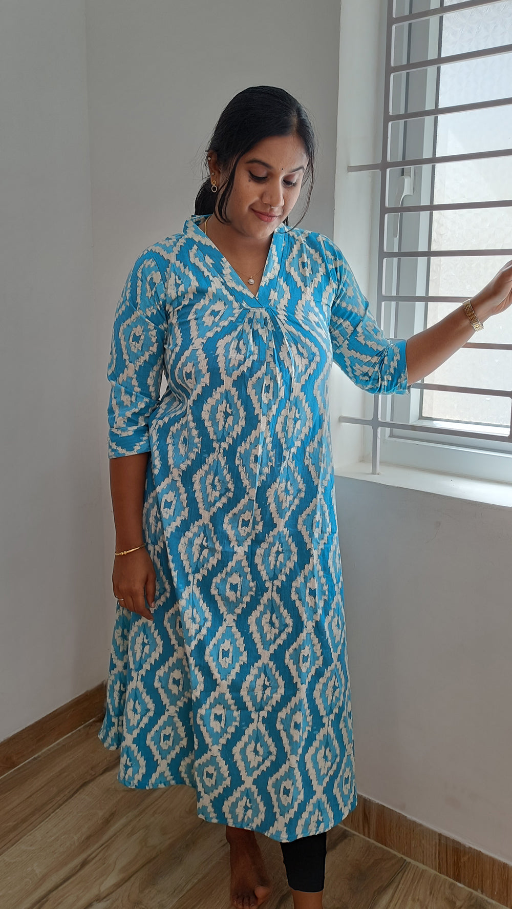 Flex Cotton Pleated Aline Kurti-Blue