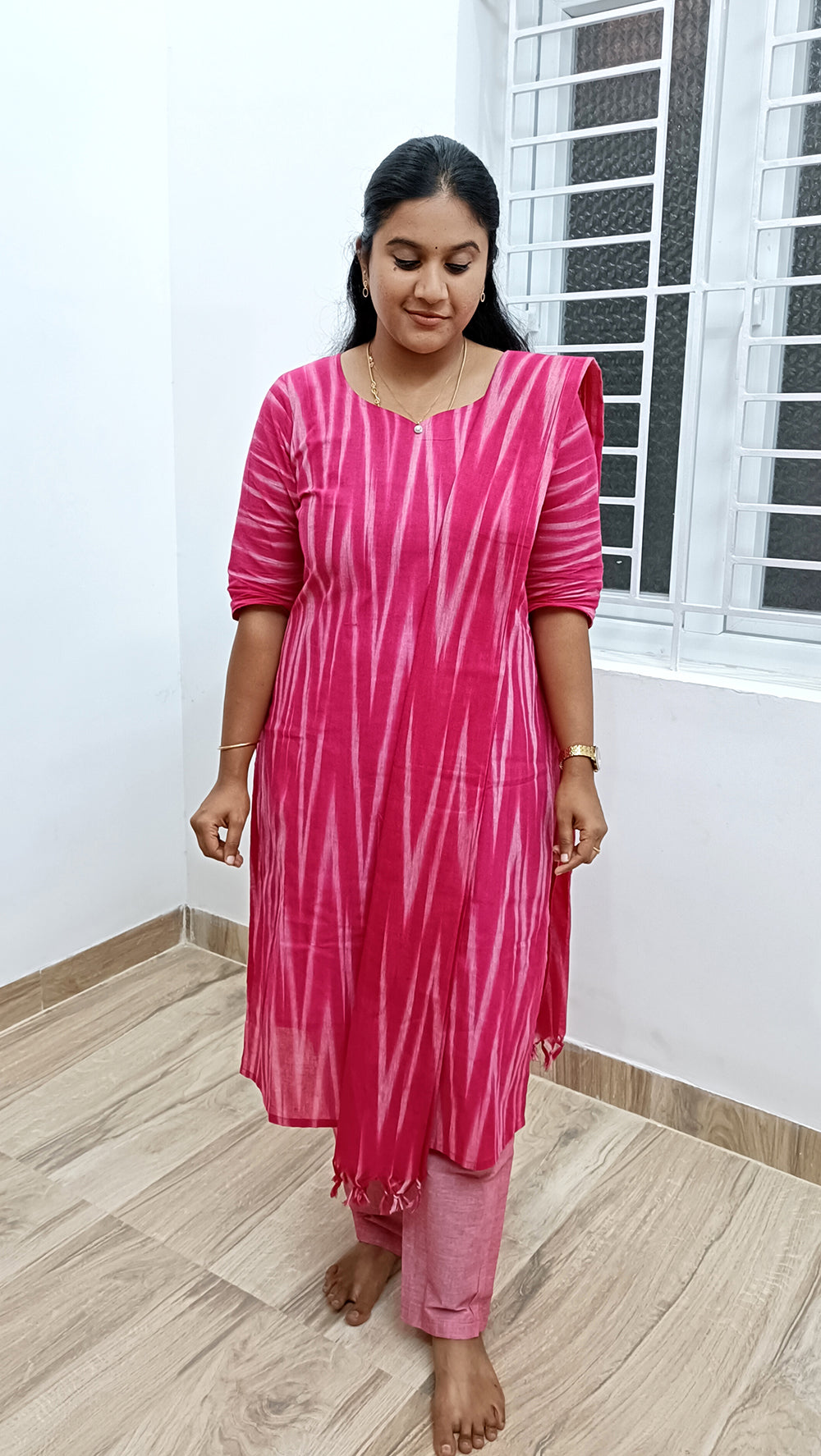 Handloom Ikkat cotton suit set- Ranipink