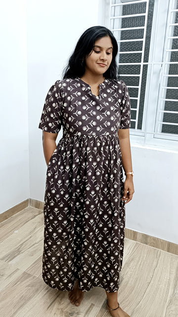 Brown Handblock Printed Cotton Dress