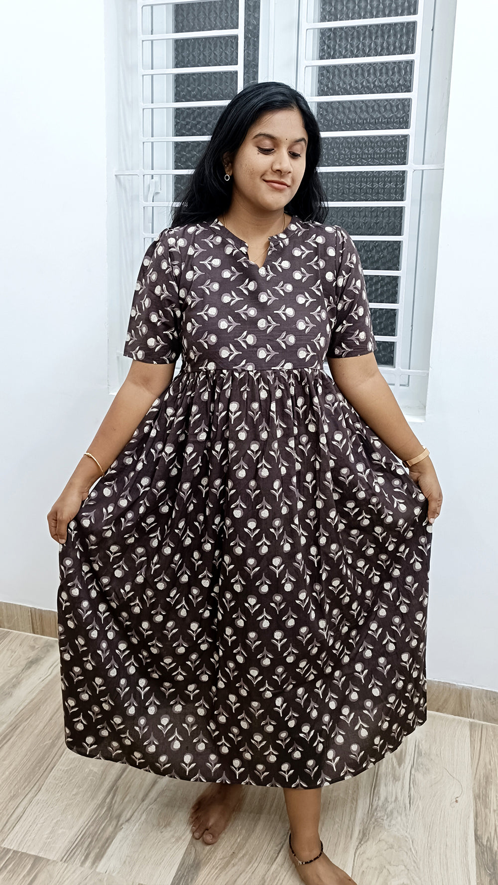 Brown Handblock Printed Cotton Dress