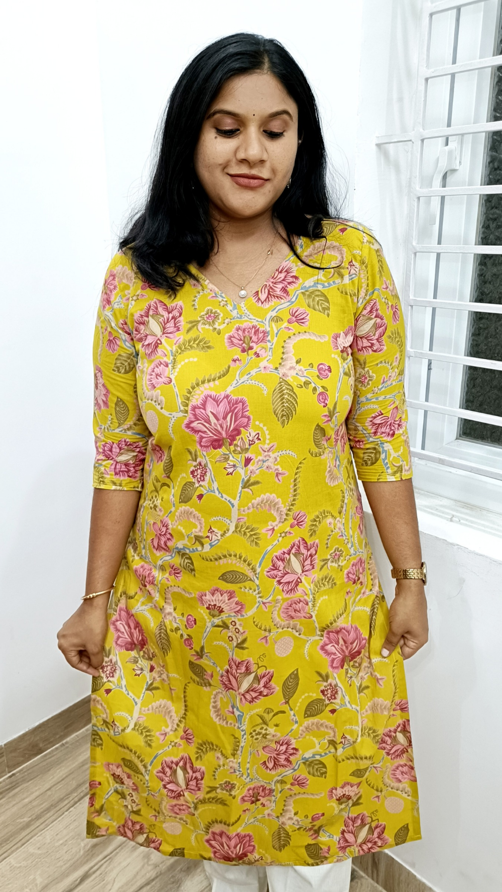 Budget Kurti: Pure Soft Cotton Floral Yellow Kurti