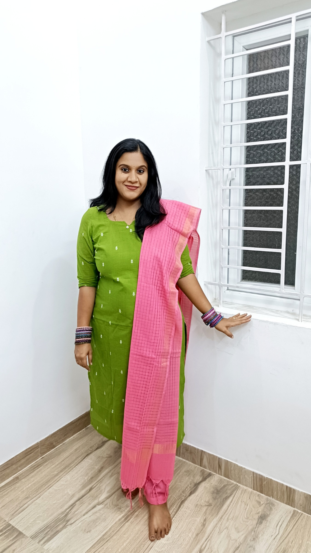 Premium Quality Cotton Salwar Suit Set -Green and Pink