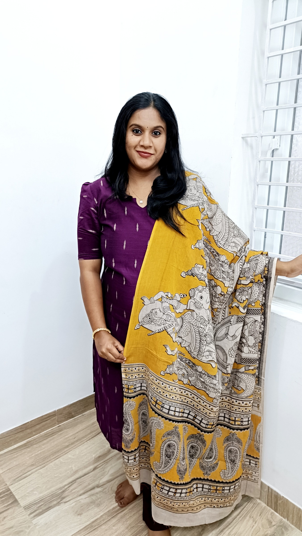 Premium Raw Silk With Kalamkari Dupata - Wine