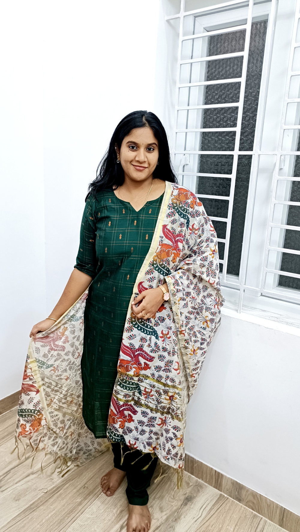 Green Premium Raw Silk Salwar Suit Set with kalamkari Dupata