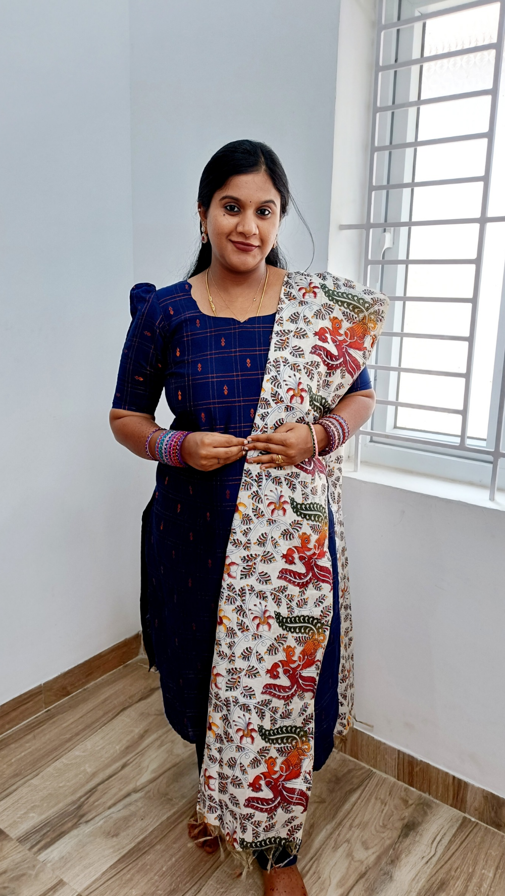 Navy Blue Premium Raw Silk Salwar Suit With Kalamkari Dupata