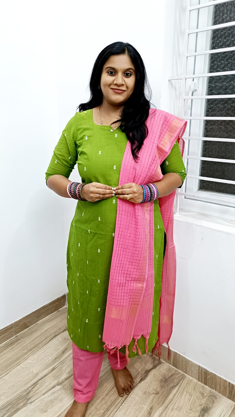 Premium Quality Cotton Salwar Suit Set -Green and Pink