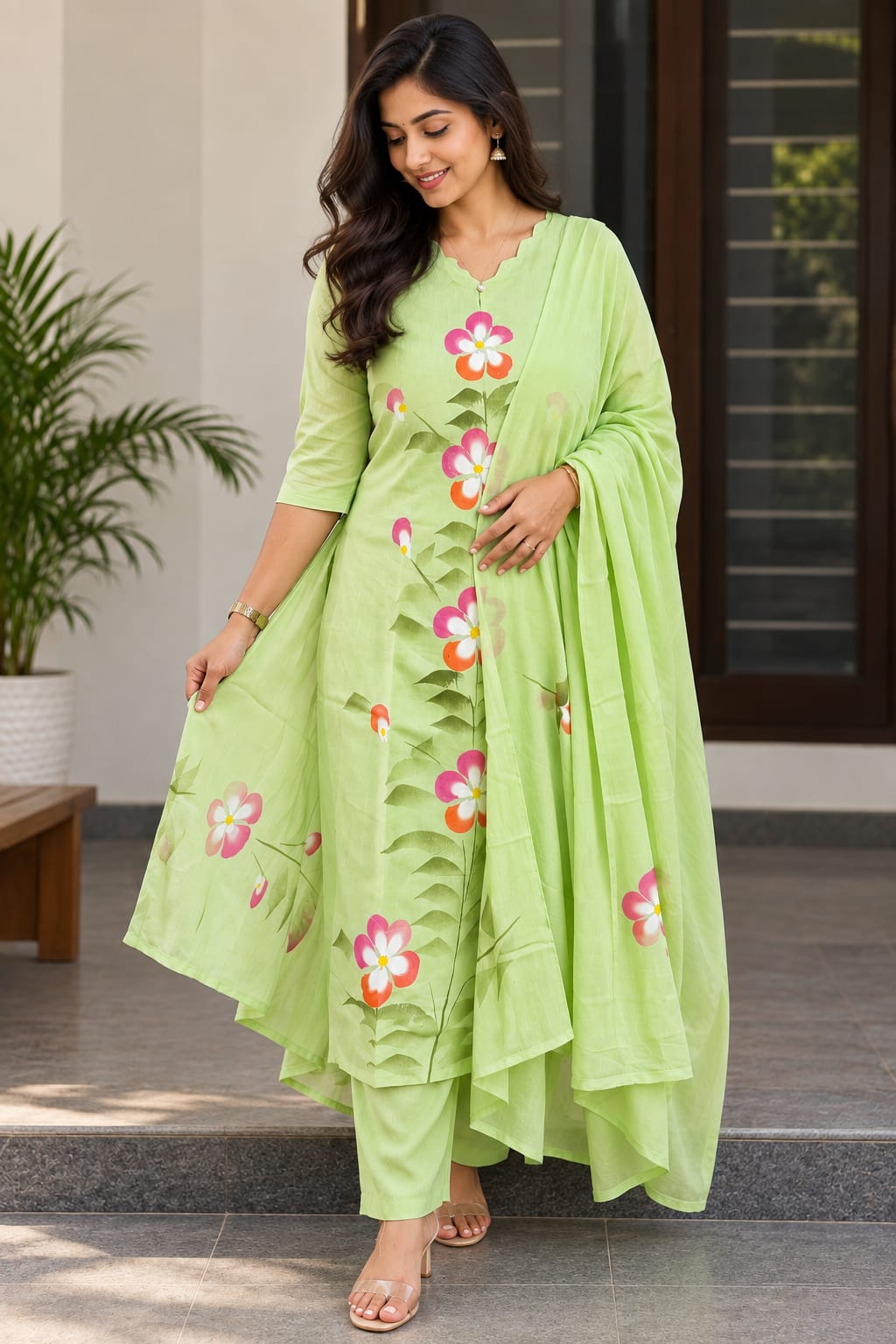 Premium MulCotton Hand-Painted-  Green Salwar Suit set