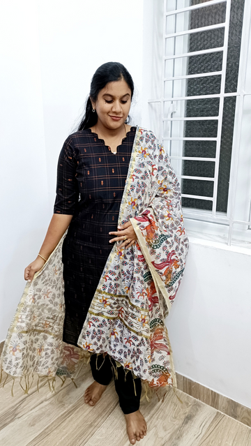 Premium Black Rawsilk Suit Set with Kalamkari Dupata