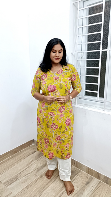 Budget Kurti: Pure Soft Cotton Floral Yellow Kurti