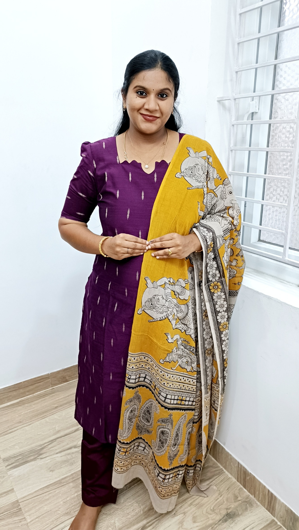 Premium Raw Silk With Kalamkari Dupata - Wine