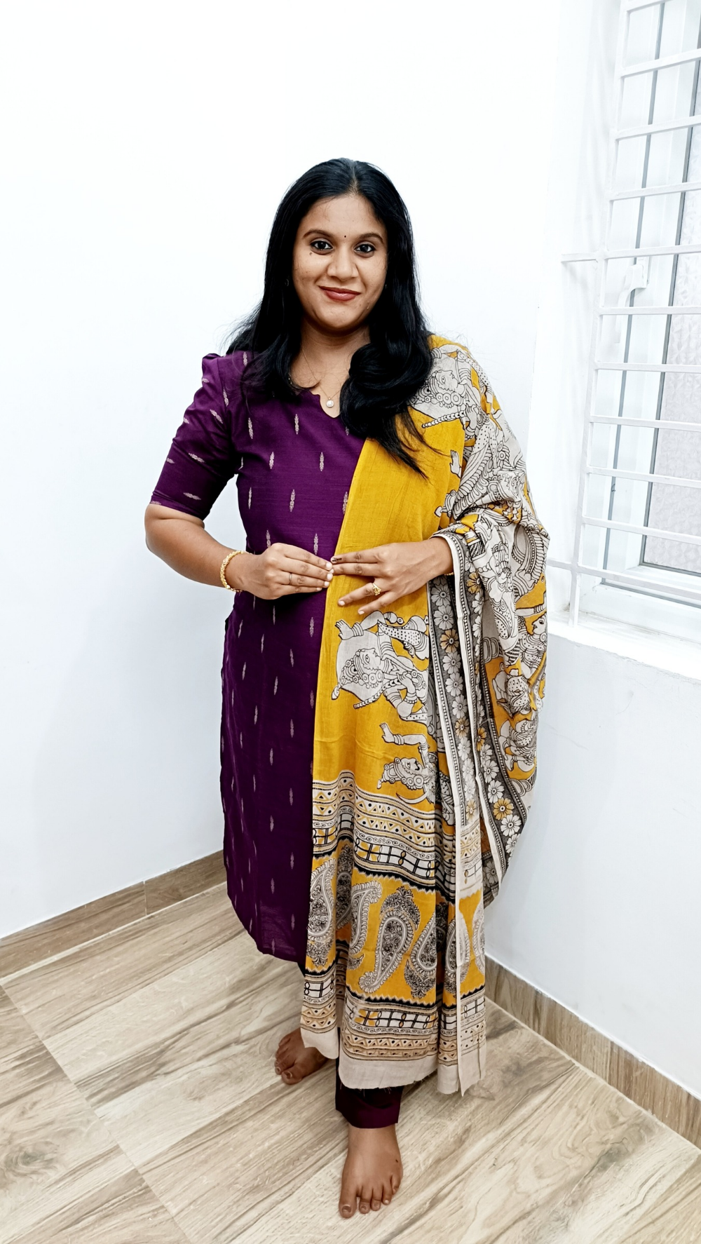 Premium Raw Silk With Kalamkari Dupata - Wine