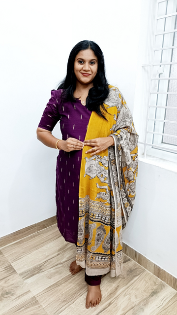 Premium Raw Silk With Kalamkari Dupata - Wine