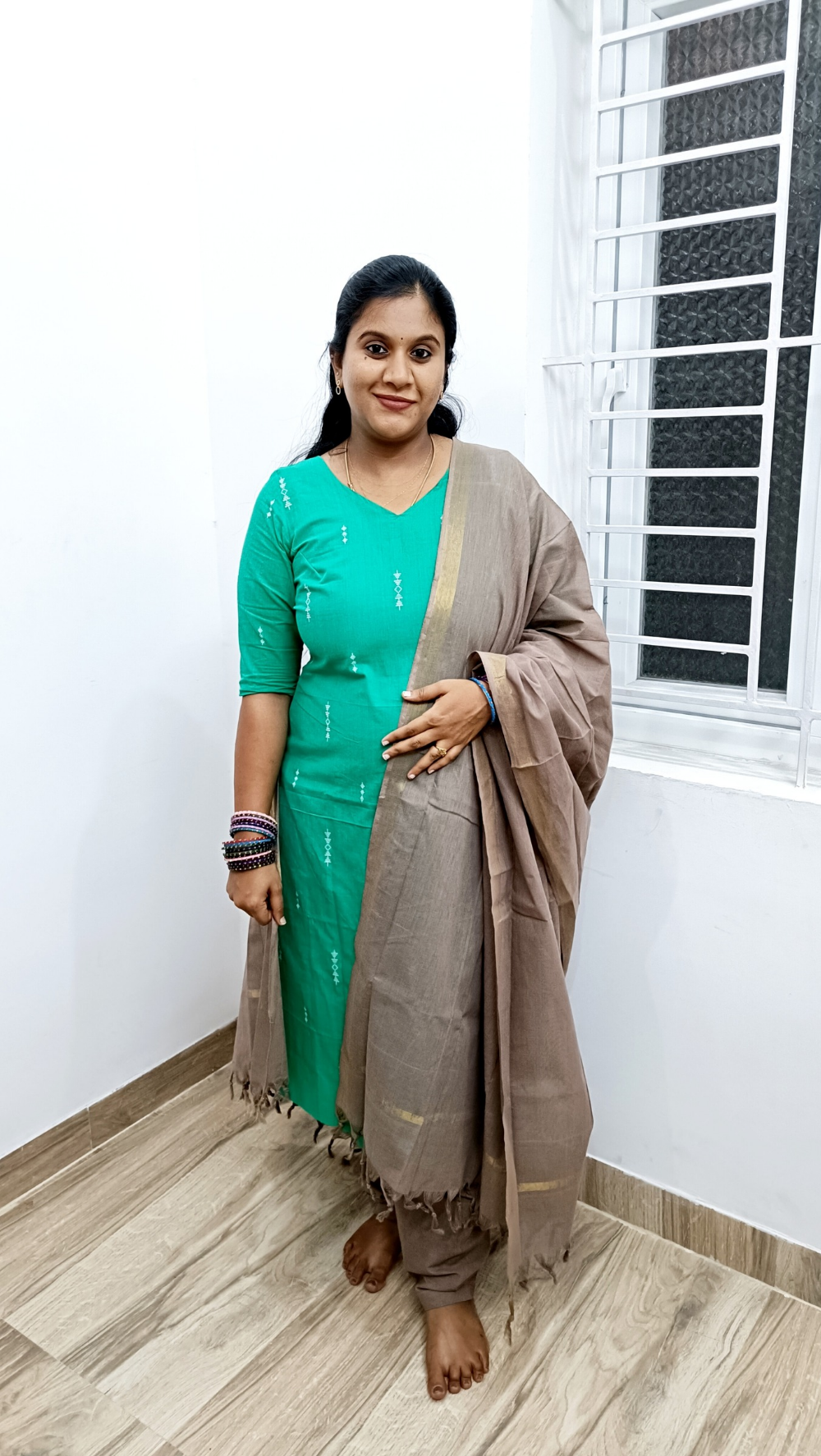 Premium Quality Cotton Salwar Suit Set - Green and Chikku