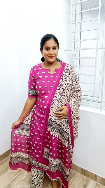 Pure Mul Cotton Hand Block Print Salwar Suit-Pink