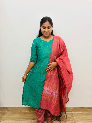 Premium Raw Silk - Aline Green Salwar Suit Set