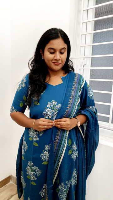 Blue Floral Pure Soft Cotton Salwar Suit Set