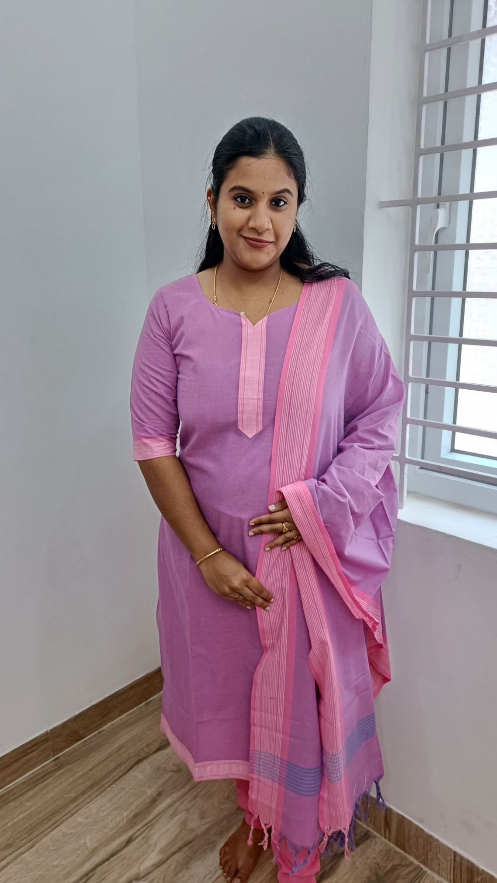 Fusion of Mangalgiri and Handloom Silver Zari Suit Set