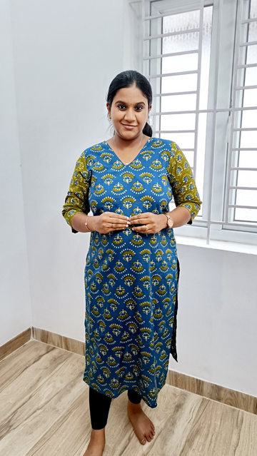 Pure Cotton Designer Kurti - Green and Blue