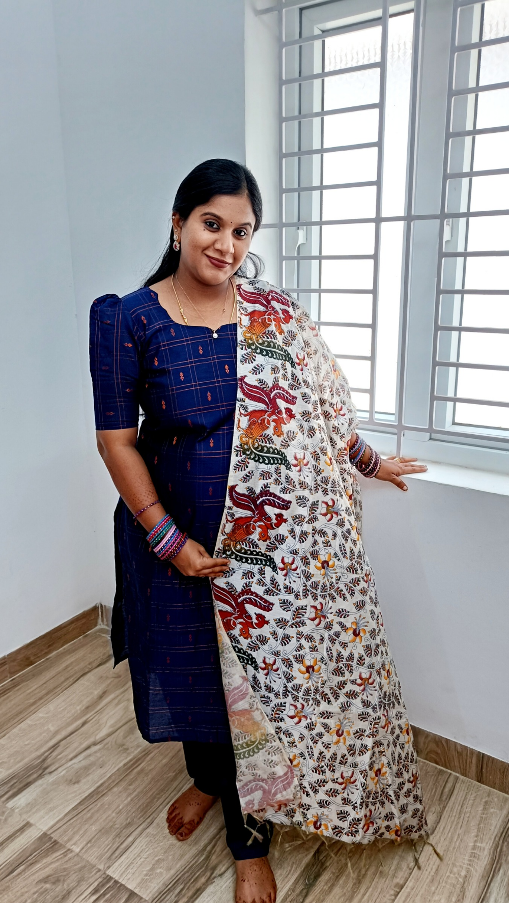 Navy Blue Premium Raw Silk Salwar Suit With Kalamkari Dupata