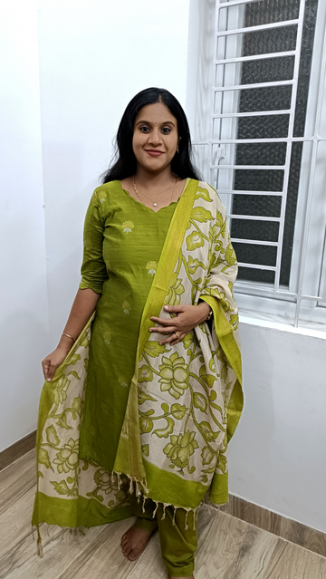 Premium Raw Silk Salwar Suit Set With Chennuri Silk Dupata-Green