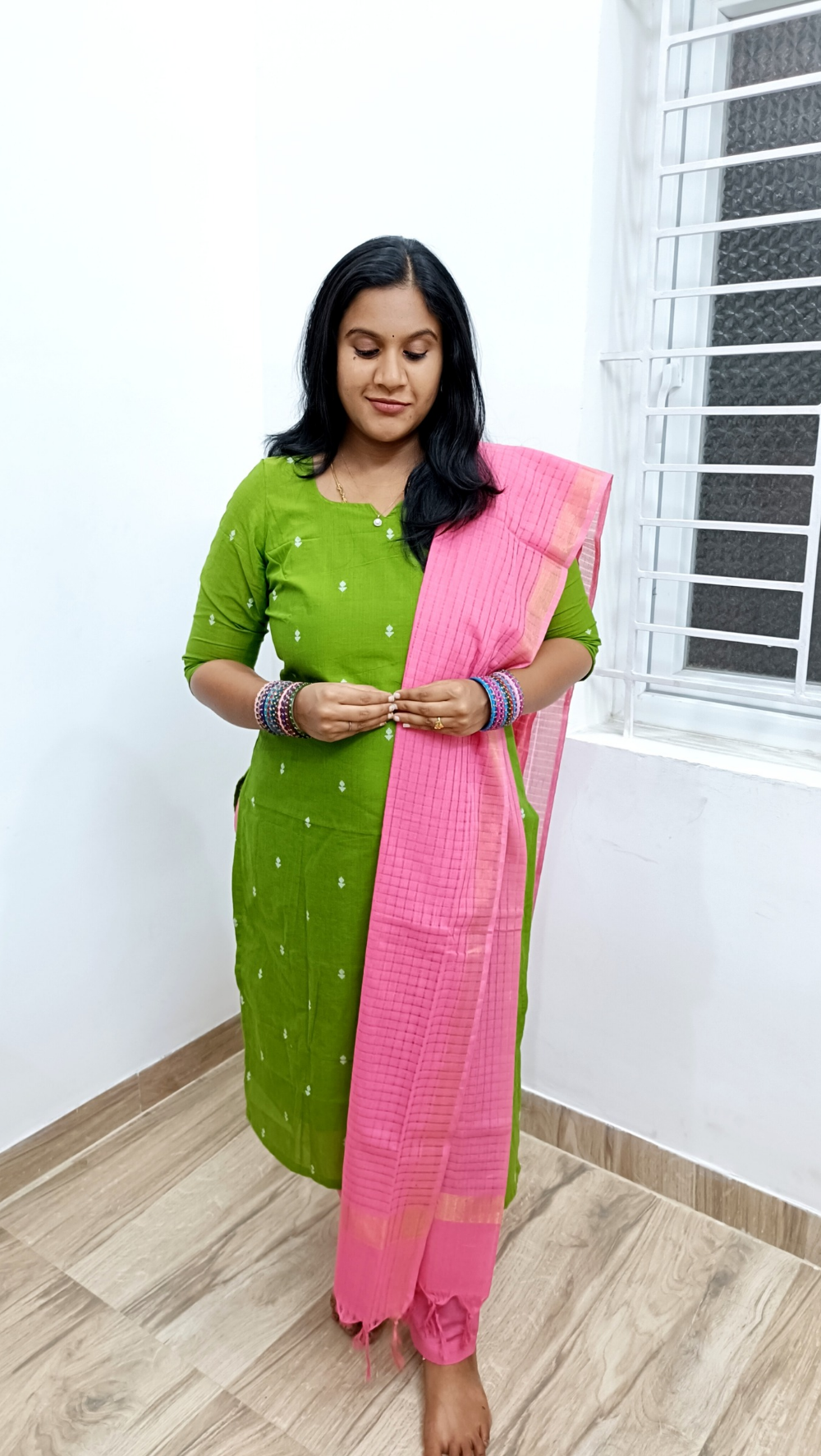 Premium Quality Cotton Salwar Suit Set -Green and Pink
