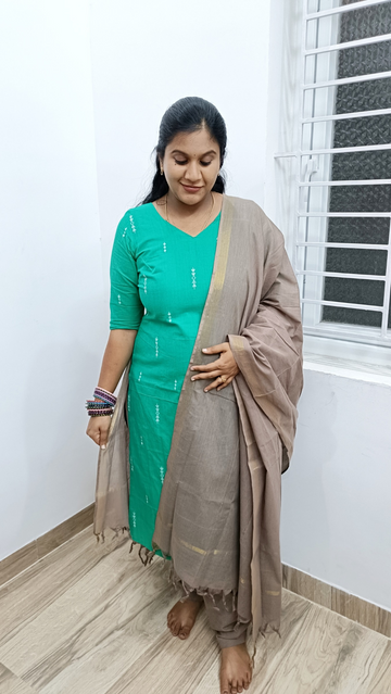 Premium Quality Cotton Salwar Suit Set - Green and Chikku