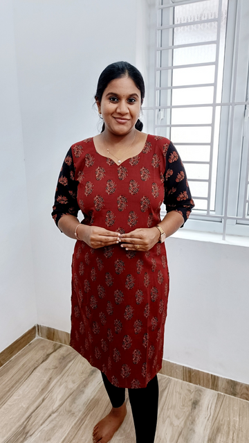 Pure Cotton Ajrak Designer Kurti - Brick Red
