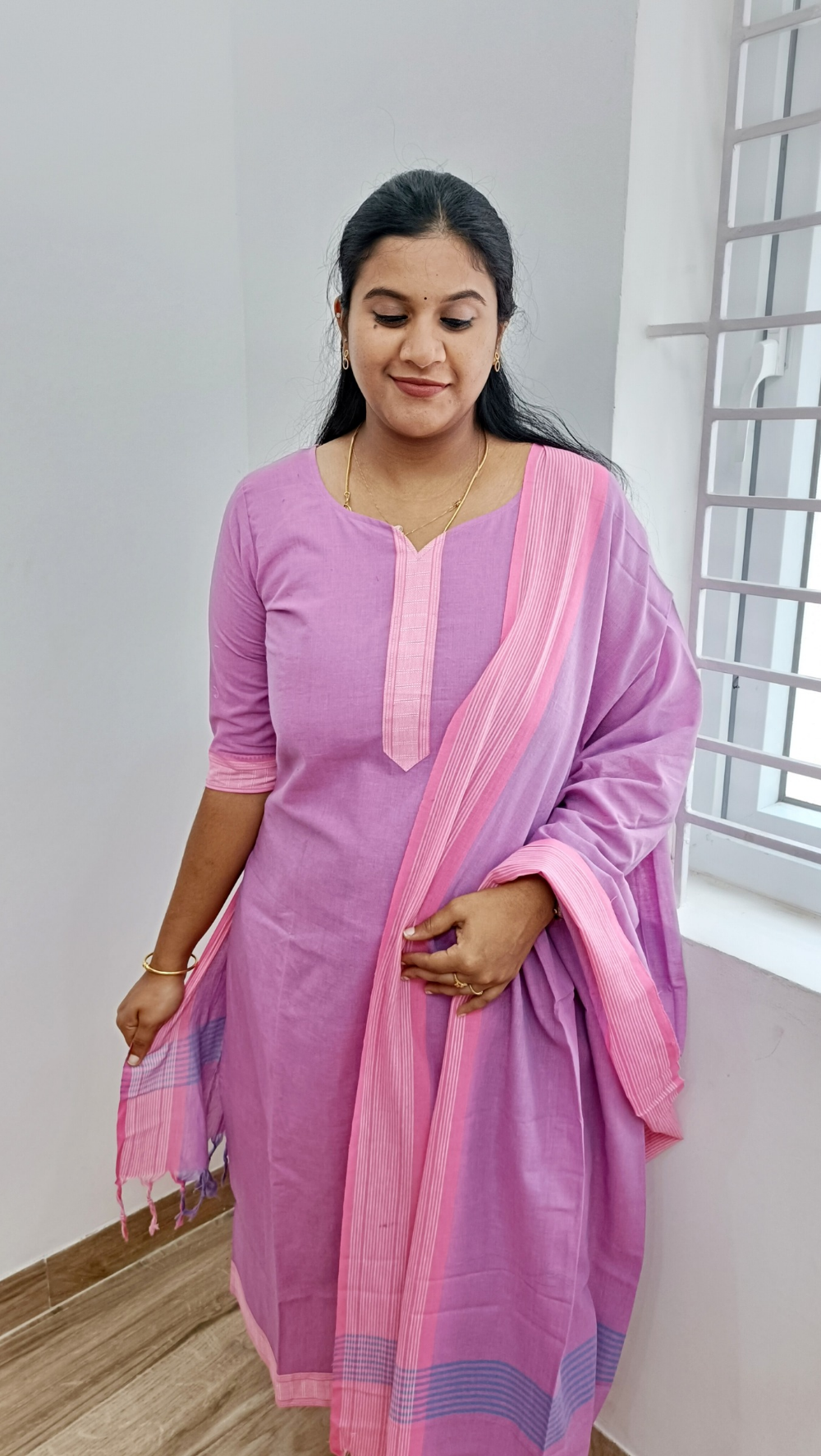 Fusion of Mangalgiri and Handloom Silver Zari Suit Set