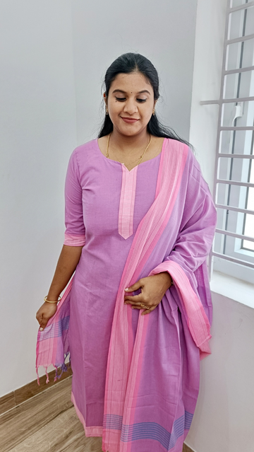 Fusion of Mangalgiri and Handloom Silver Zari Suit Set