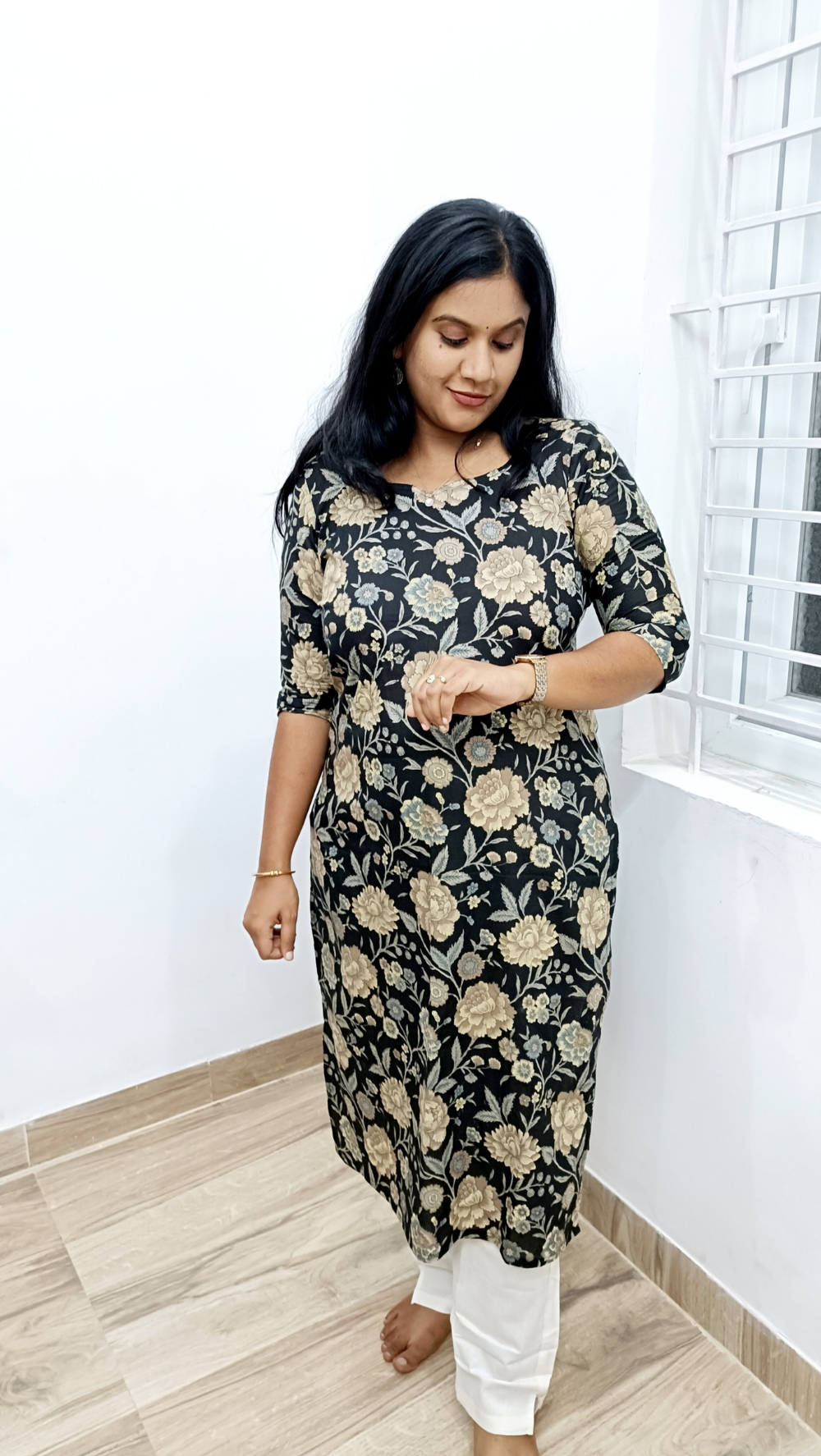 Budget Kurti: Pure Soft Cotton Floral Black Kurti