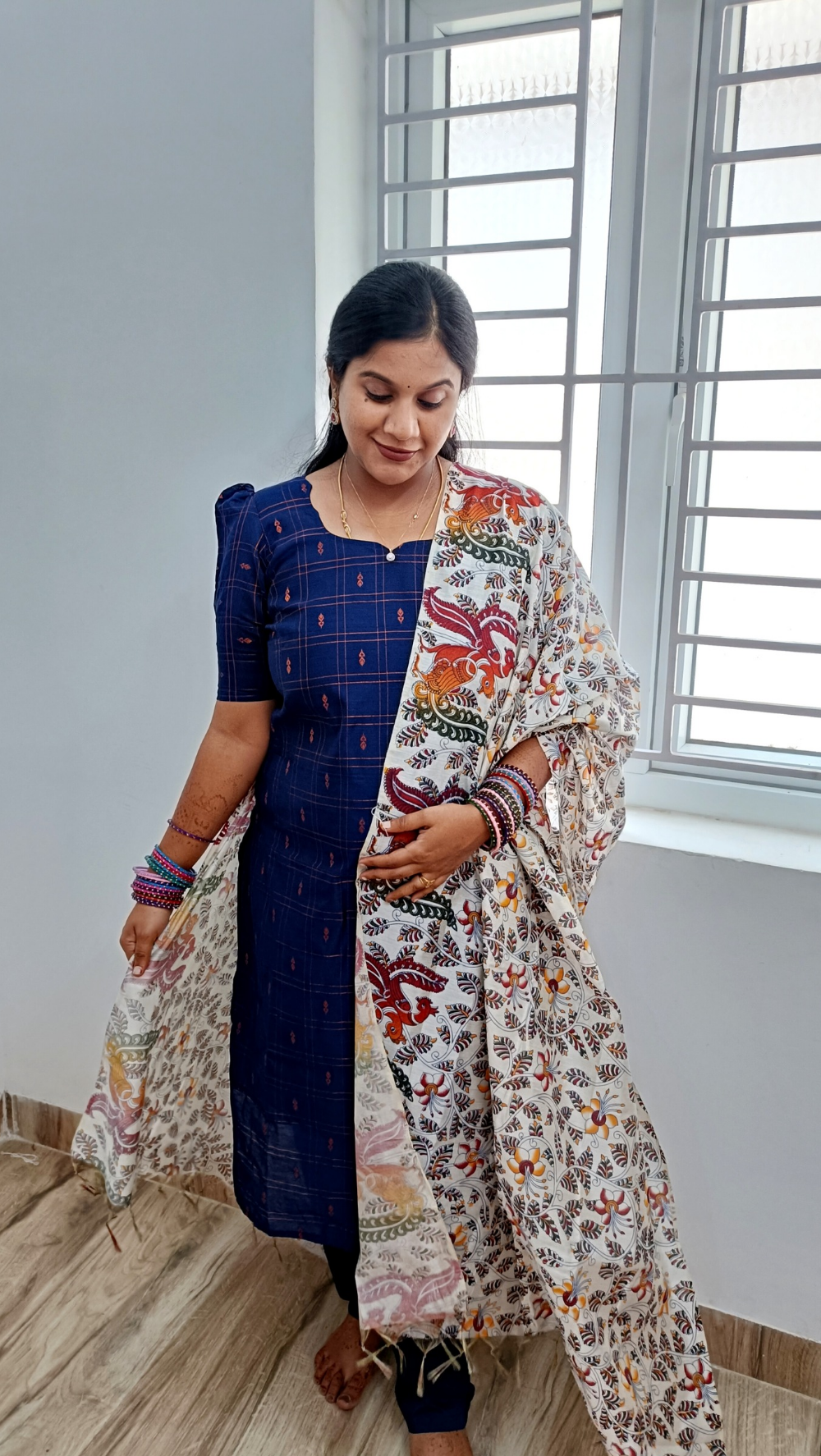 Navy Blue Premium Raw Silk Salwar Suit With Kalamkari Dupata